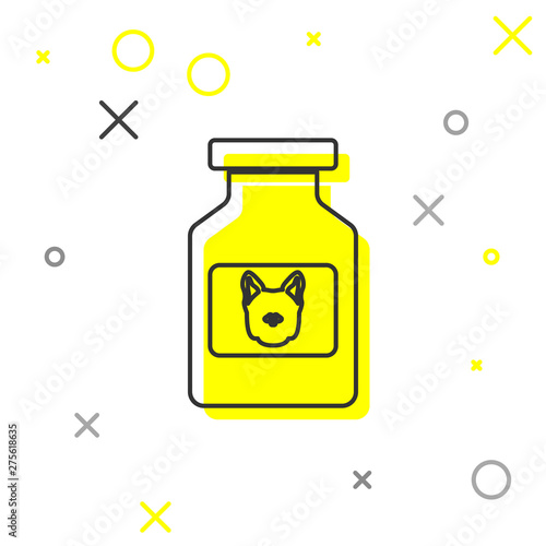 Grey Dog medicine bottle line icon isolated on white background. Container with pills. Prescription medicine for animal. Vector Illustration