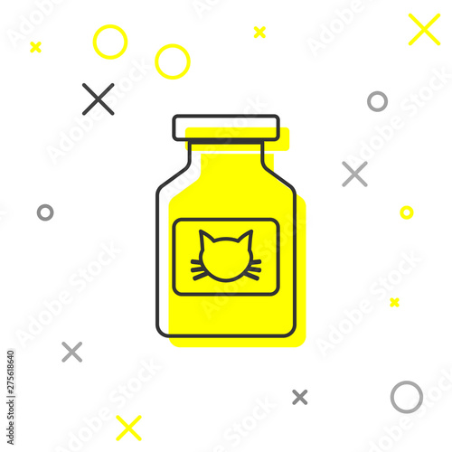 Grey Cat medicine bottle line icon isolated on white background. Container with pills. Prescription medicine for animal. Vector Illustration