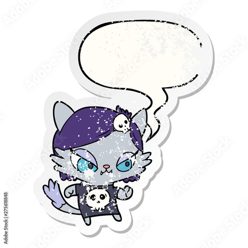 cute cartoon tough cat girl and speech bubble distressed sticker