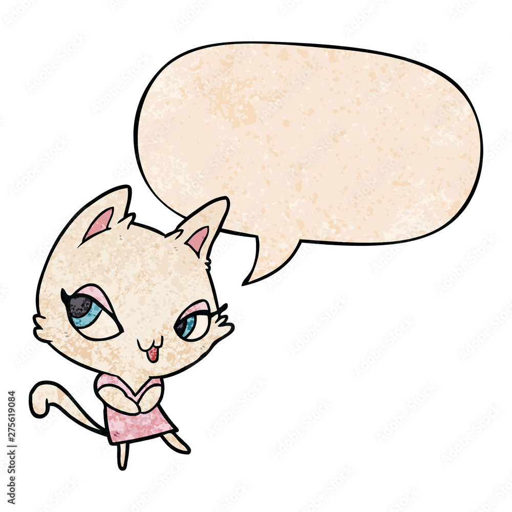 cute cartoon female cat and speech bubble in retro texture style cute cartoon female cat and speech bubble in retro texture style