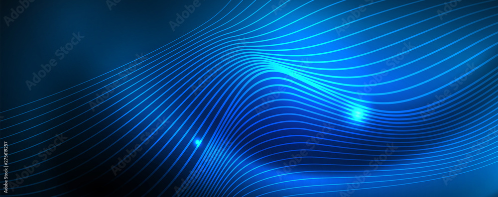 Smooth wave lines on blue neon color light background. Glowing abstract wave on dark, shiny motion, magic space light Smooth wave lines on blue neon color light background. Glowing abstract wave on dark, shiny motion, magic space light