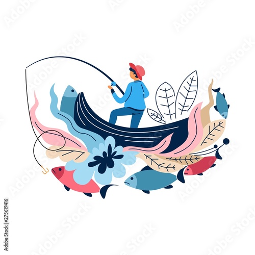 Fishing sport fisherman in boat with rod catching fish