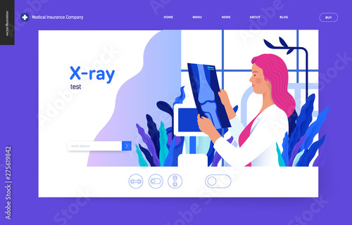 Medical tests blue template - x-ray test - modern flat vector concept digital illustration of x-ray image - a doctor looking at the radiograph , in the medical office or laboratory