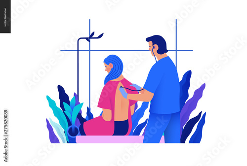 Medical tests Blue illustration -auscultation -modern flat vector concept digital illustration, stethoscope examination procedure -patient and doctor carrying out procedure, medical office, laboratory