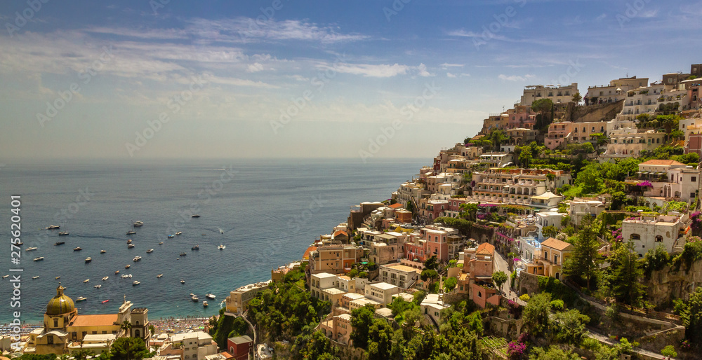 Positano Hill View. Beautiful view of Positano at daytime, with its colorful buildings along the hill. Amalfi coast situated in province of Salerno, in the region of Campania, Italy.