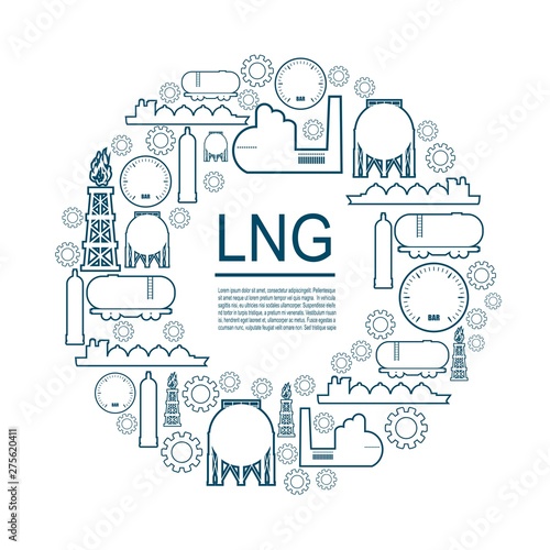 Energy and Power icons set. Design concept of natural gas industry. Circle frame with industrial line icons.