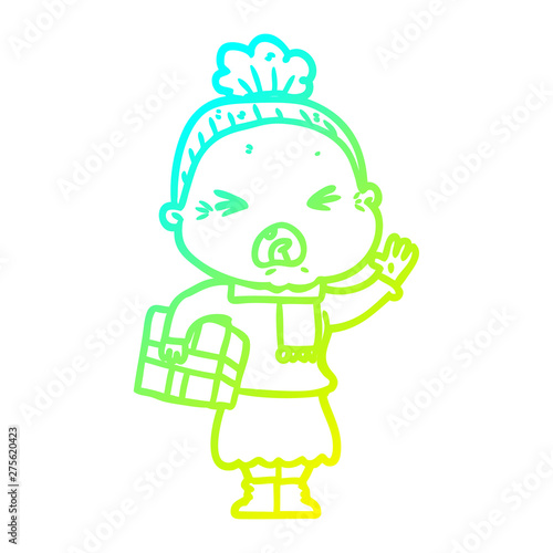 cold gradient line drawing cartoon angry old woman