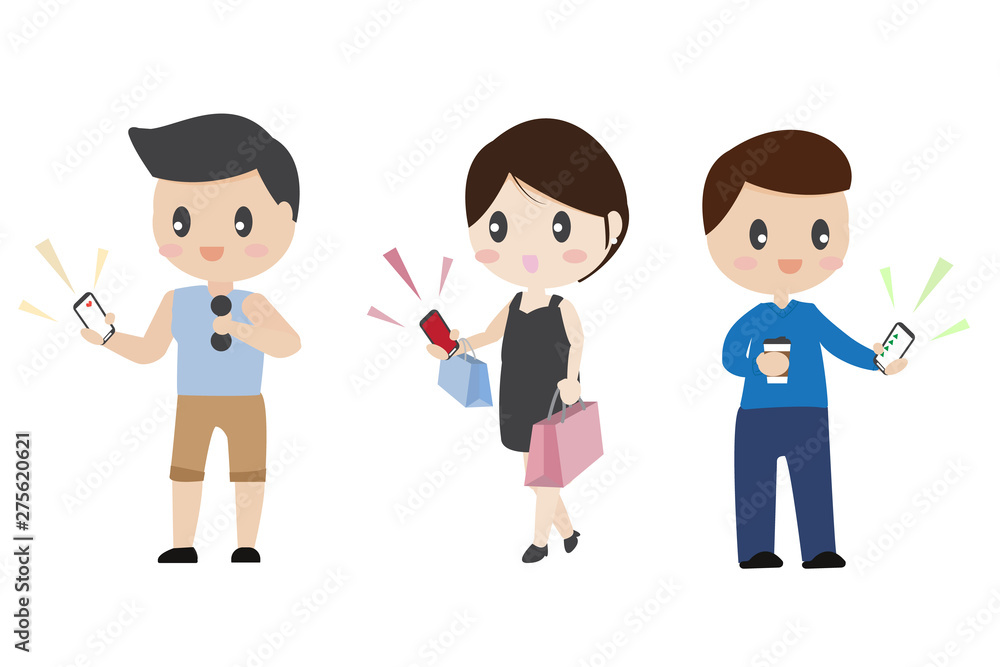 cute character business man healthy man and material girl different lifestyle using smart phone for their convenience on white background isolated cute character business man healthy man and material girl different lifestyle using smart phone for their convenience on white background isolated