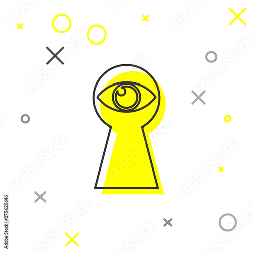 Grey Keyhole with eye line icon isolated on white background. The eye looks into the keyhole. Keyhole eye hole. Vector Illustration