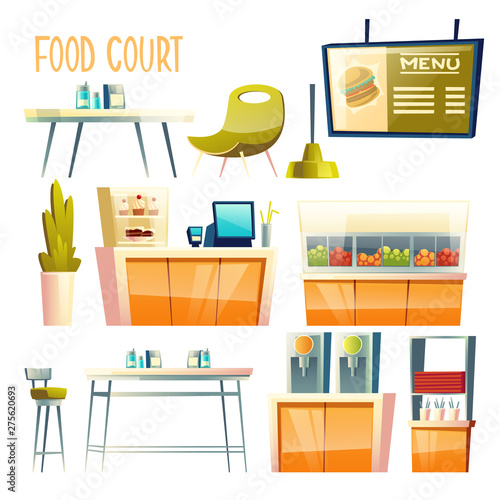 Food court, self-serve cafe, hawker centre interior design elements, equipment, furniture isolated cartoon vector set. Bistro counter desk, fruit juice vending machine, tables and chairs illustration
