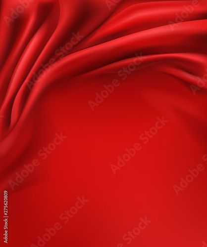 Crumpled and wavy, luxury red silk or satin fabric with smooth surface area 3d realistic vector abstract background with copy space. Delicate velvet texture, silky textile, elegant tissue illustration