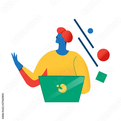 Woman with laptop making presentation. Business seminar. Includes abstract geometric elements. Flat vector illustration in contemporary style isolated on white background.