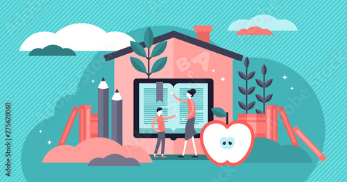 Homeschooling vector illustration. Tiny education system persons concept.