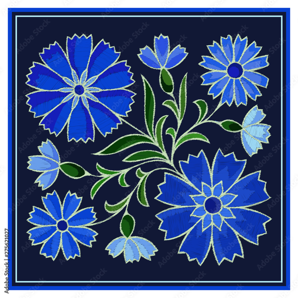 Fototapeta premium Stylized embroidery cornflower pattern on dark background