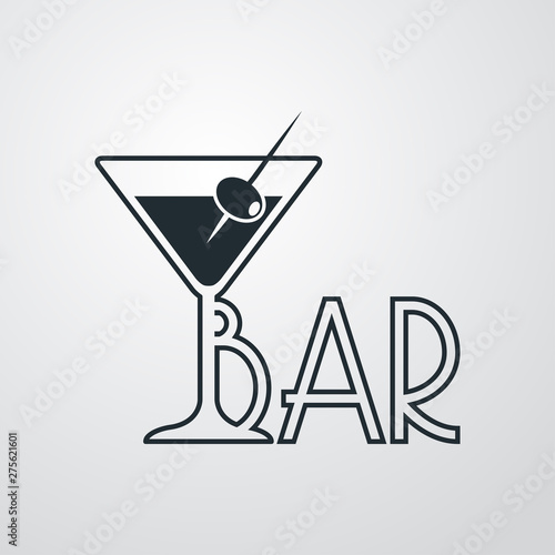 Logotipo con texto BAR con copa de cocktail lineal en fondo gris