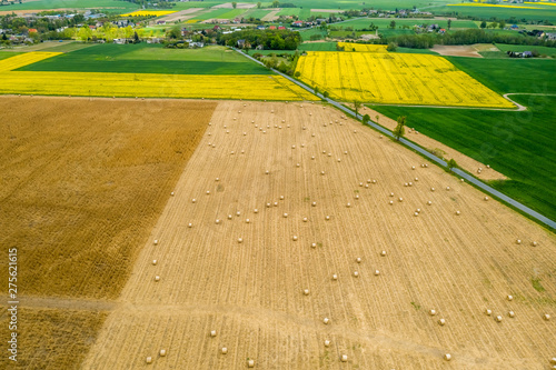 Field with hay sheaves from above, Poland