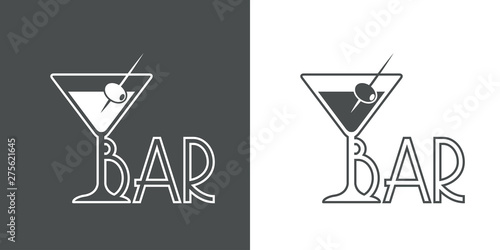 Logotipo con texto BAR con copa de cocktail lineal en gris y blanco