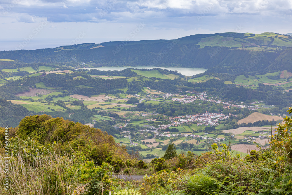 Obraz premium In the distance Lake Furnas on Sao Miguel Island, Azores