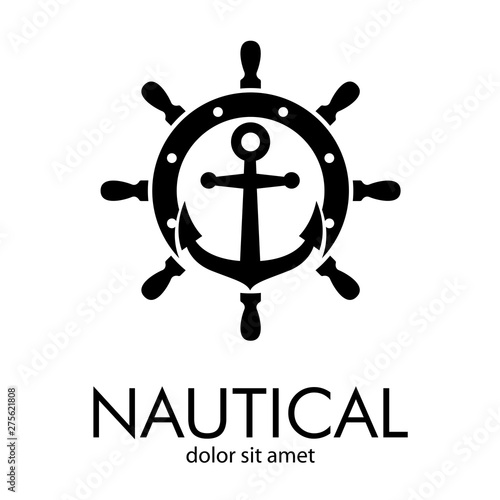 Logotipo abstracto con texto NAUTICAL con ancla sobre timón en color negro