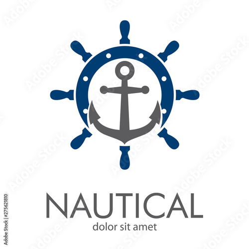 Logotipo abstracto con texto NAUTICAL con ancla sobre timón en gris y azul