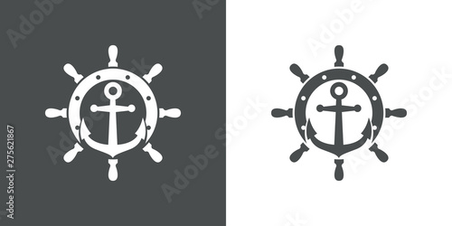 Logotipo abstracto con texto NAUTICAL con ancla sobre timón en gris y blanco