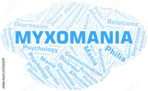 Myxomania word cloud. Type of mania, made with text only.