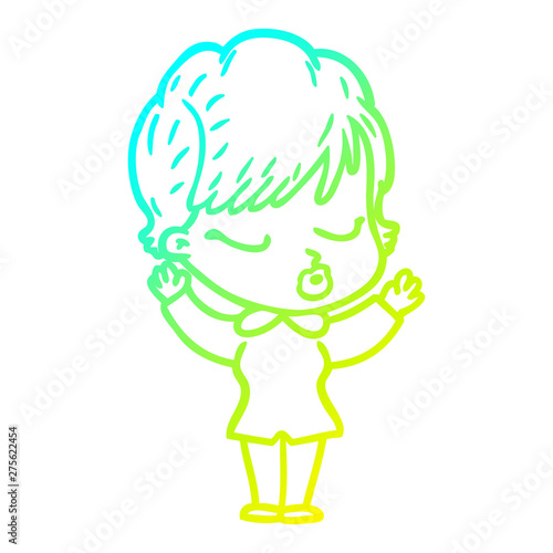 cold gradient line drawing cartoon woman with eyes shut