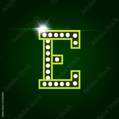 Casino and resort Letter E. Luxury letter with gems. Glowing effect, highlight on letter border. Entertainment decoration element. Vector logo and monogram template.