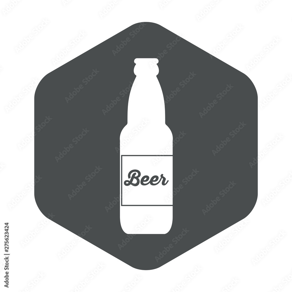 Icono plano con texto Beer en etiqueta botella de cerveza en hexágono color gris Icono plano con texto Beer en etiqueta botella de cerveza en hexágono color gris