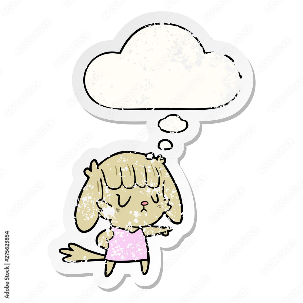 cartoon dog girl pointing and thought bubble as a distressed worn sticker cartoon dog girl pointing and thought bubble as a distressed worn sticker