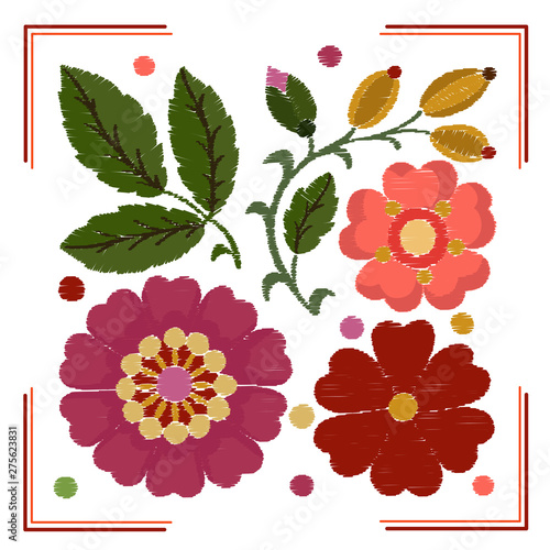 Stylization of elements of embroidery of flowers, leaves and rosehip
