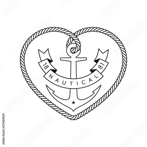 Vector black logo rope heart with nautical anchor. Isolated on white background