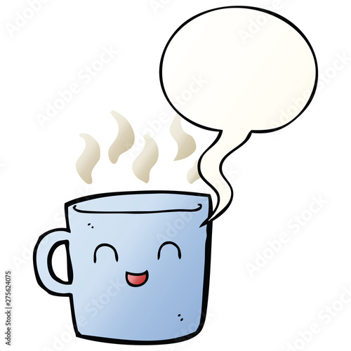 cute coffee cup cartoon and speech bubble in smooth gradient style