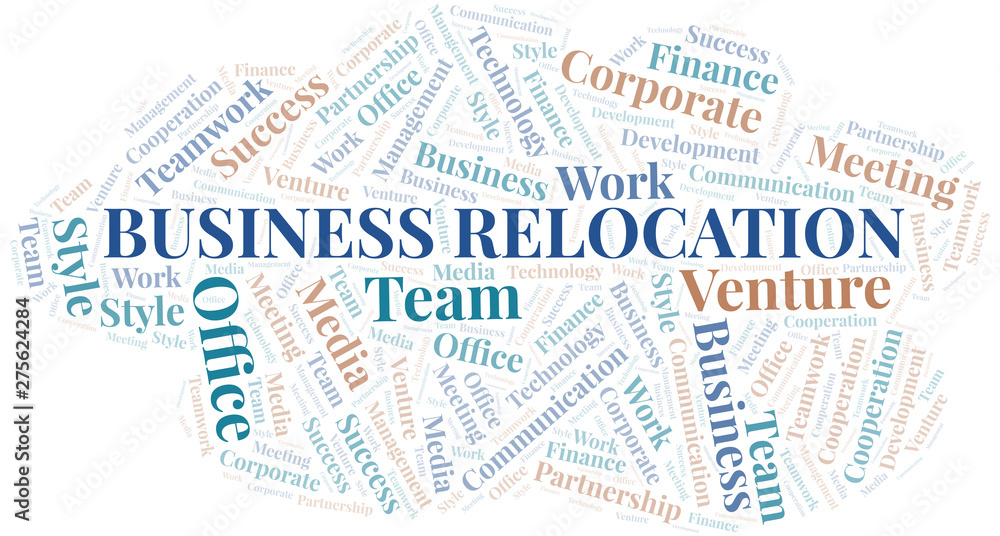 Business Relocation word cloud. Collage made with text only.