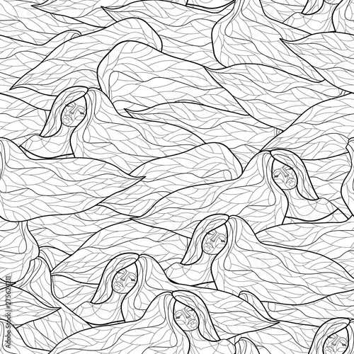 unusual seamless pattern with the image of a girl with long hair