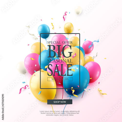 "Special Offer Big Seasonal Sale" banner with colorful balloons and streamers.