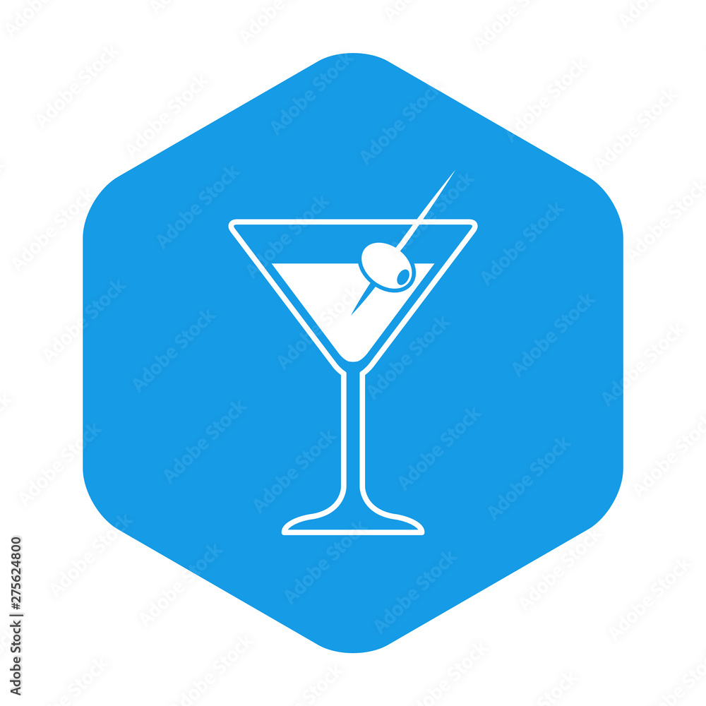 Icono plano cocktail con aceituna en hexágono color azul Icono plano cocktail con aceituna en hexágono color azul