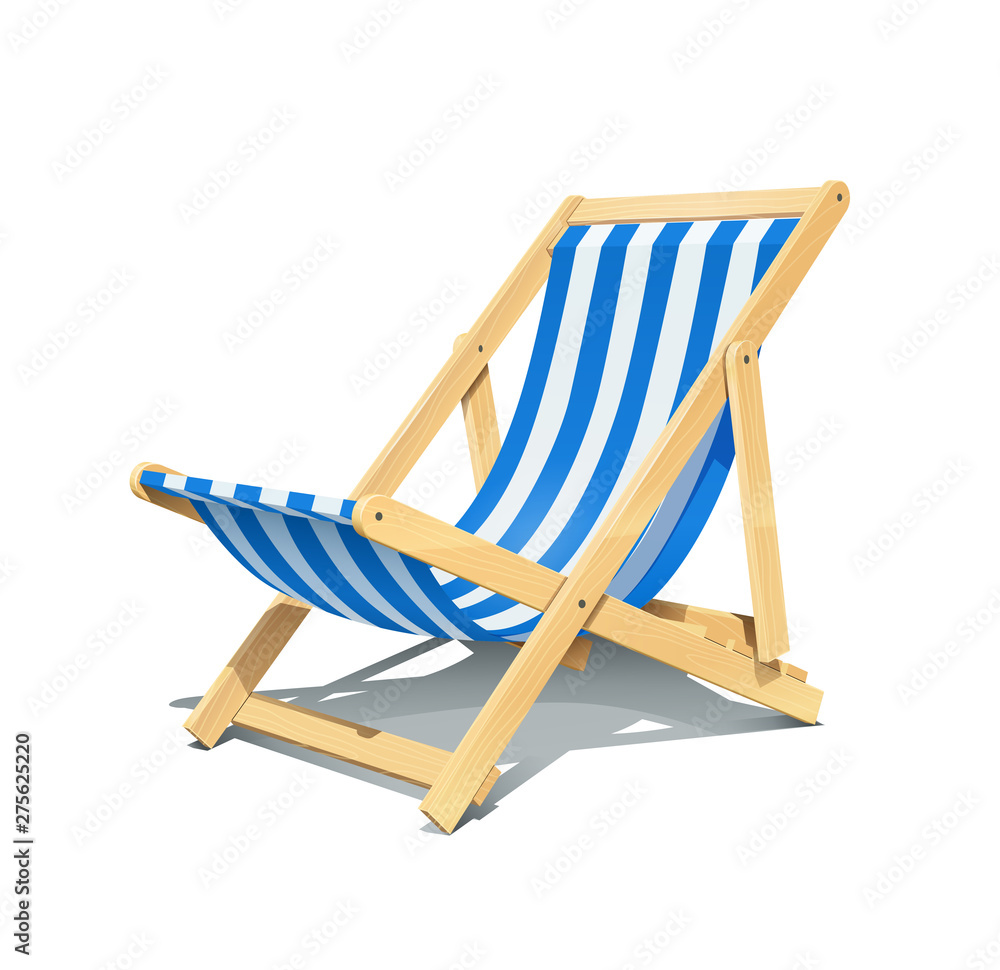 Beach chaise longue for summer rest. Wooden deck chair. Vacation accessory. Summertime relax. Relaxation equipment. Isolated on white background. Eps10 vector illustration.