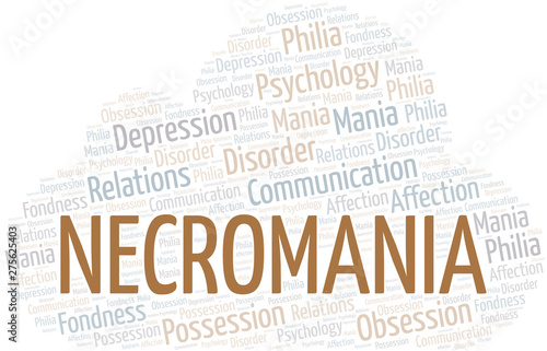 Necromania word cloud. Type of mania, made with text only.