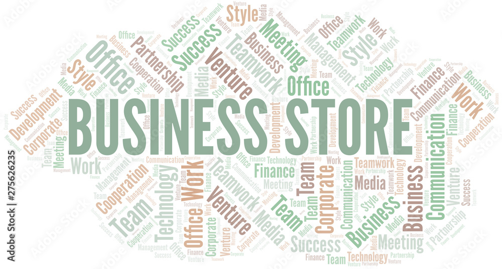Business Store word cloud. Collage made with text only.