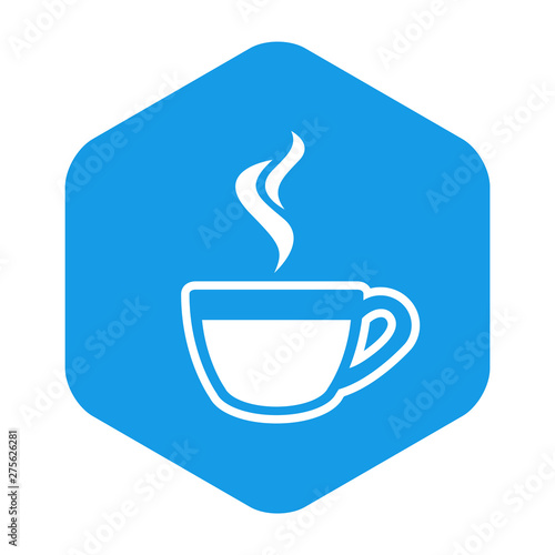 Icono plano taza café humeante lineal en hexágono color azul