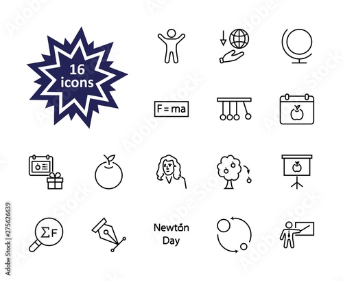 Newton's Day Set Line Vector Icon. Contains such Icons as Newton, Laws of physics and gravity, Flying Apple, Calendar, Teacher, blackboard and projector Editable Stroke. 32x32 Pixel Perfect