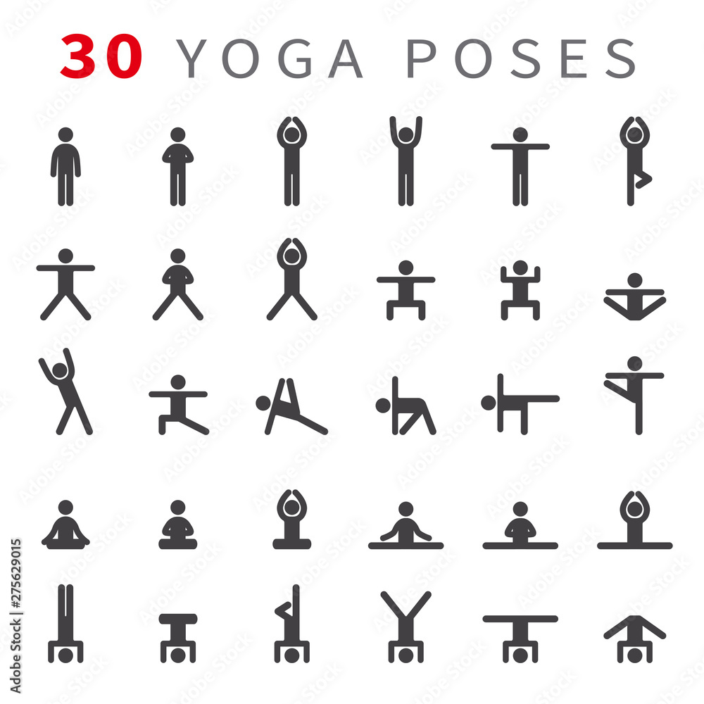 Yoga poses asanas icons set. Vector illustrations. For logo yoga branding. Yoga people infographics. Stick figures. Pilates stretch gymnastics fitness poses Yoga poses asanas icons set. Vector illustrations. For logo yoga branding. Yoga people infographics. Stick figures. Pilates stretch gymnastics fitness poses