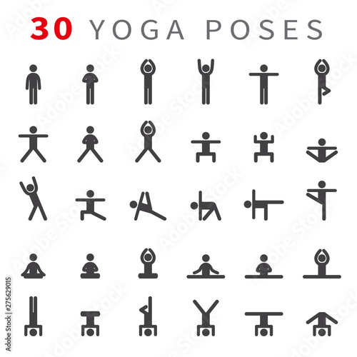 Yoga poses asanas icons set. Vector illustrations. For logo yoga branding. Yoga people infographics. Stick figures. Pilates stretch gymnastics fitness  poses