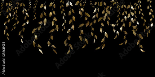 Golden branches with leaves on a black background. Gold background for website design, interior design .Vector.