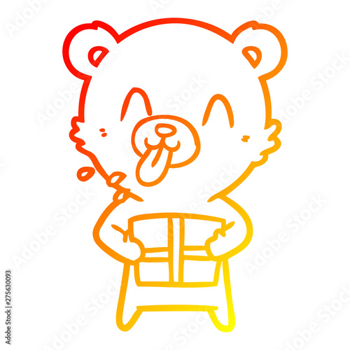 warm gradient line drawing rude cartoon polar bear sticking out tongue with present