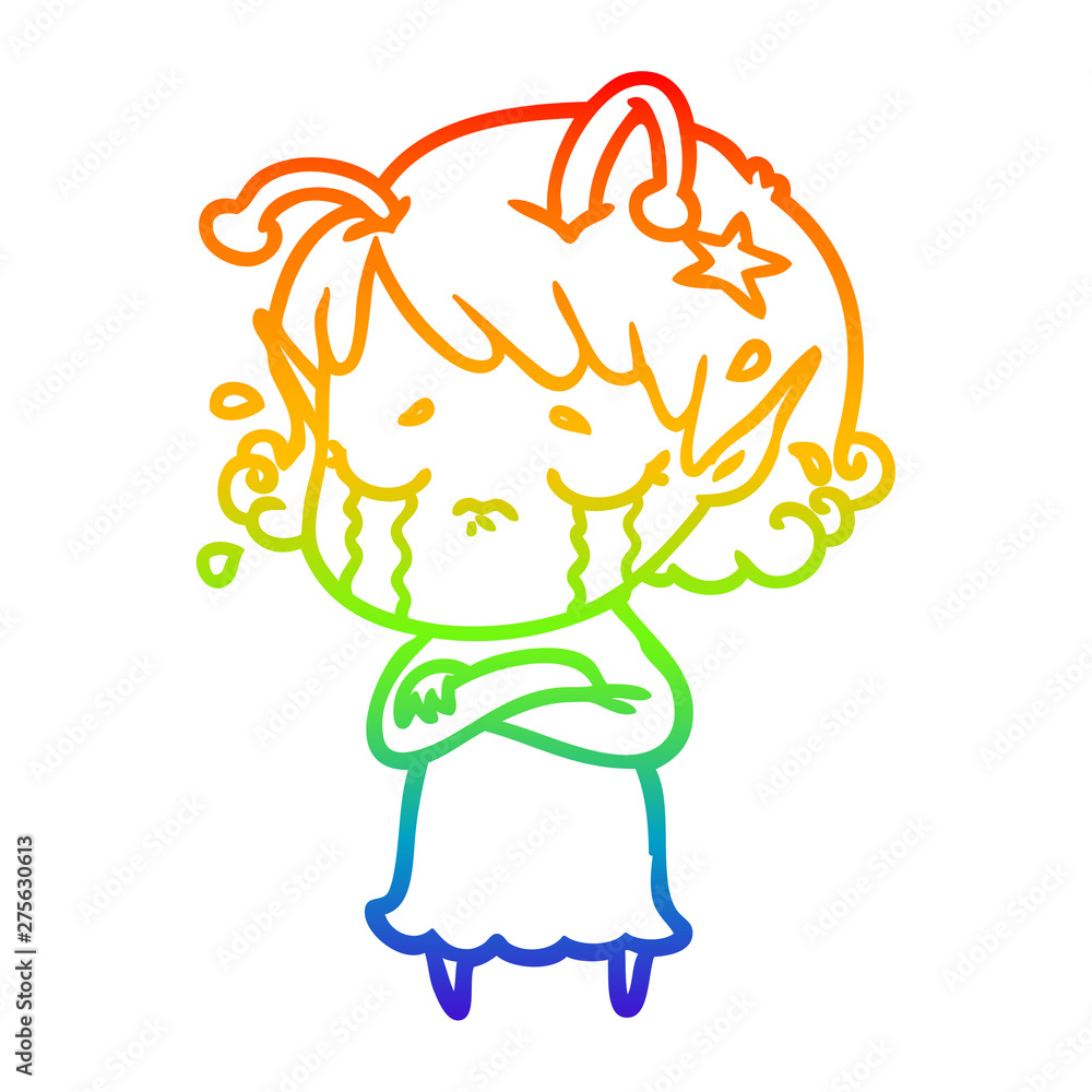 rainbow gradient line drawing cartoon crying alien girl rainbow gradient line drawing cartoon crying alien girl