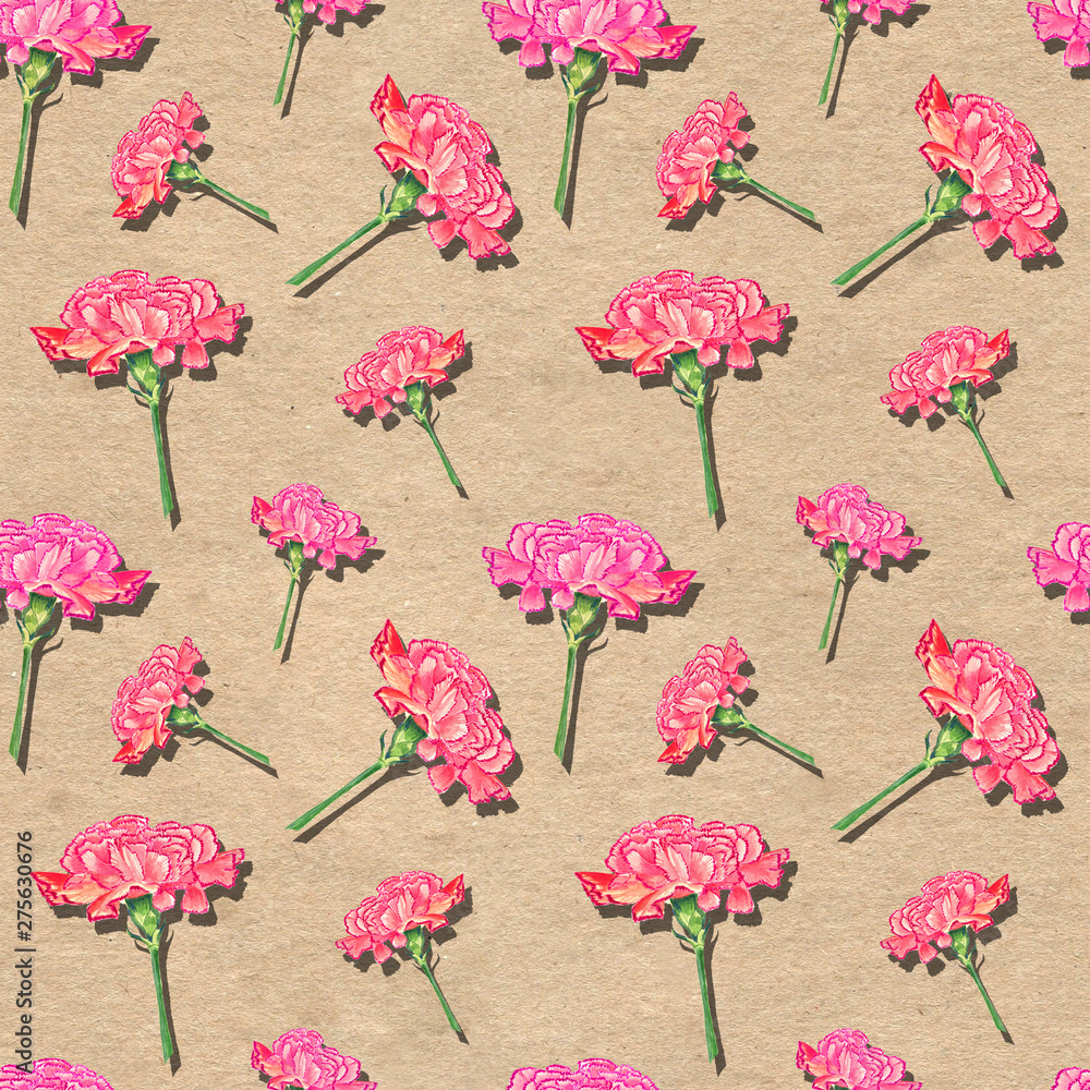 Carnation flowers with drop shadow effect on paper textured background, watercolor hand-drawn illustration, seamless pattern