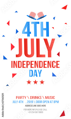 Modern 4th of July grunge flyer template, Creative Invitation Card design with Text 4th of July on beautiful confetti background for American Independence Day celebration.