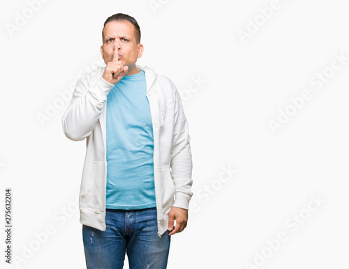 Middle age arab man wearing sweatshirt over isolated background asking to be quiet with finger on lips. Silence and secret concept. © Krakenimages.com